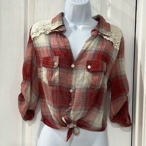 Juniors Plaid Shirt with Lace by American Size Medium